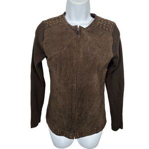 Vintage Y2K Escapade Sweater Full Zip Suede Brown Long Sleeve Womens Small